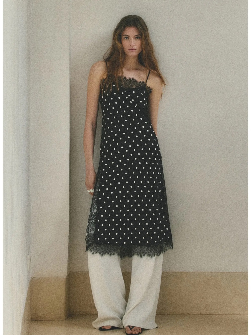 Mango Black Polka Dot Lace-Trim Slip Dress